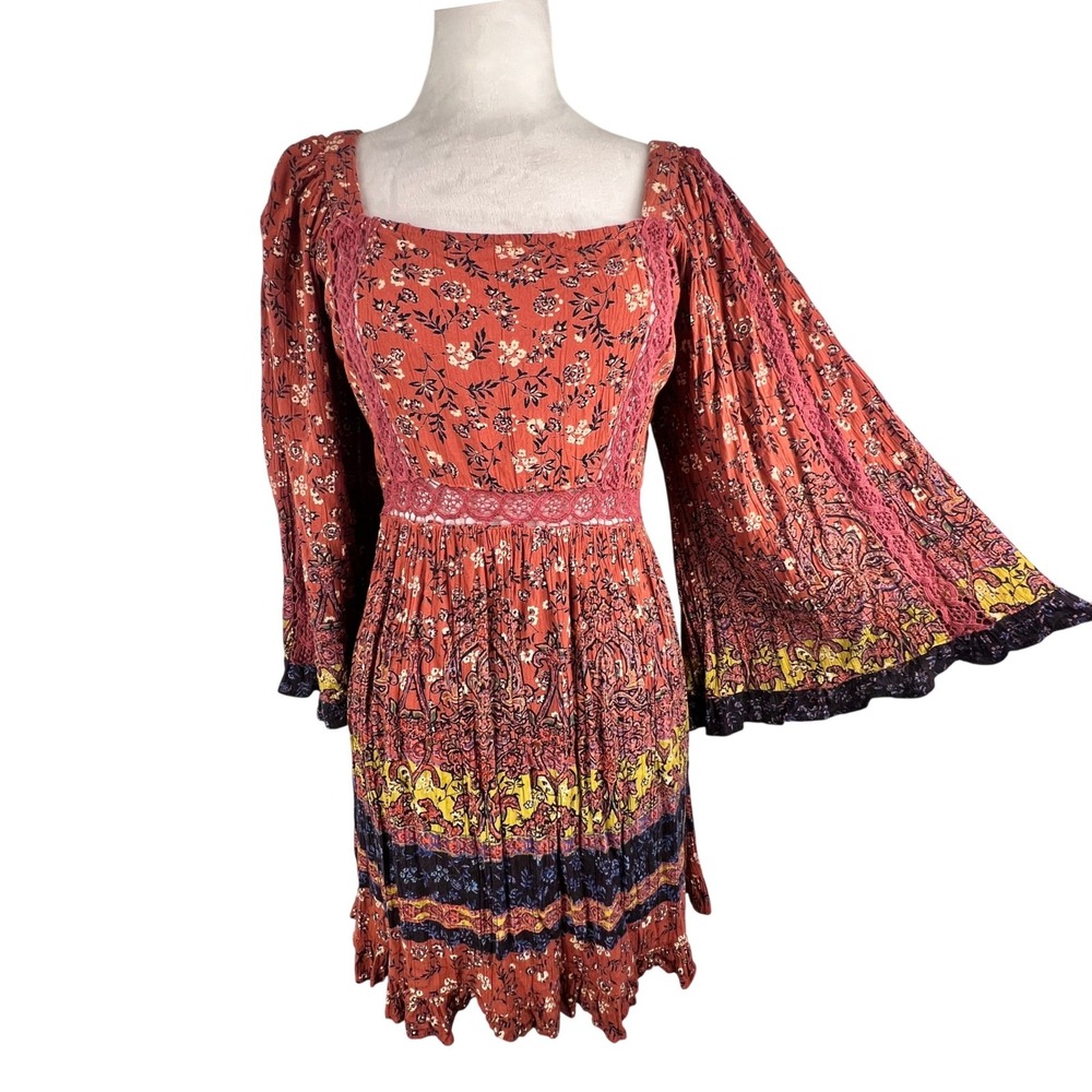 Angie Boho Floral Dress Terracotta Orange Dramatic Flare Sleeve Small Smocked